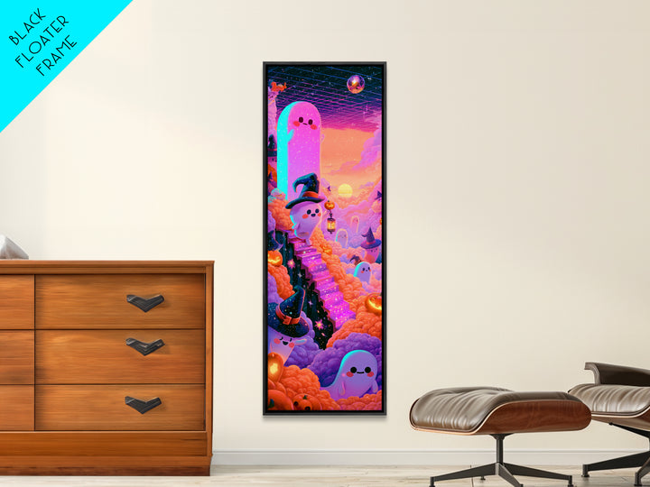 The Halloween Cloud Kingdom, Cute Spooky Neon Art, Tall Narrow Wall Art, Framed Canvas Print, Retro Halloween Decor, Neon Wall Art