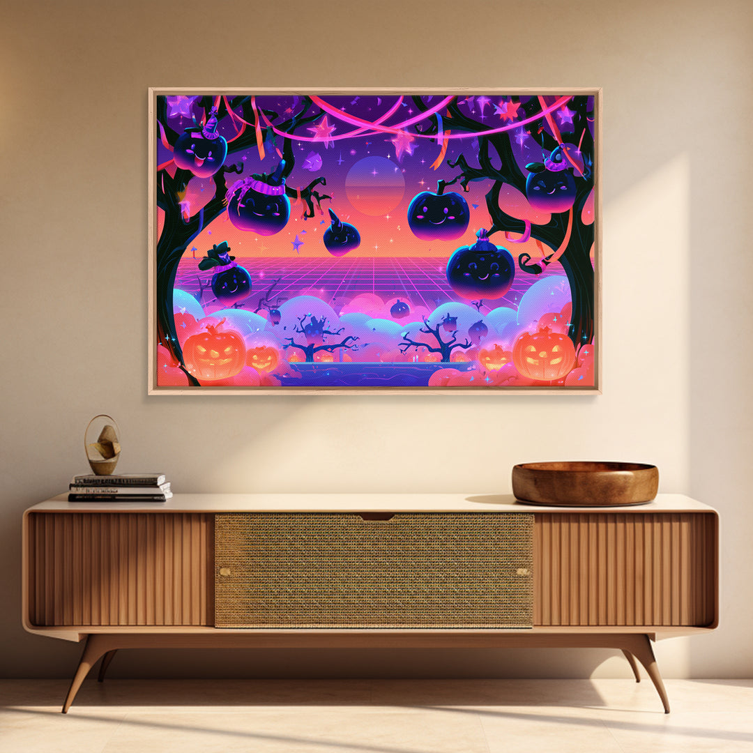 The Enchanted Apple Orchard, Vaporwave Halloween Decor, Landscape Wall Art, Canvas Print, Retro Halloween Decor, Neon Wall Art
