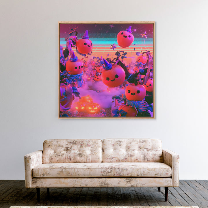 The Enchanted Apple Orchard, 80s Halloween Wall Art, Square Wall Art, Framed Canvas Print, Retro Halloween Decor, Neon Wall Art