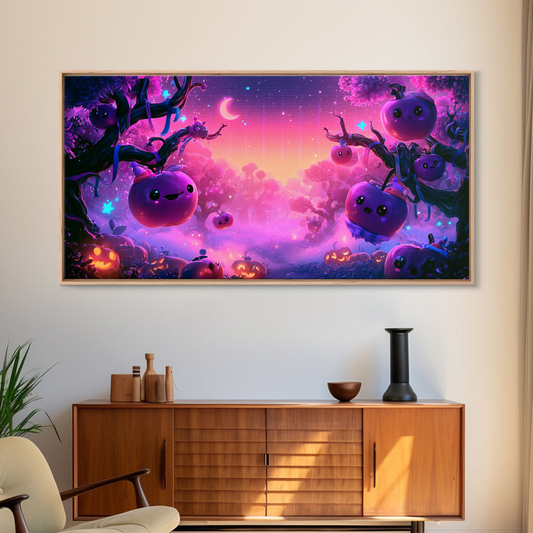 The Enchanted Apple Orchard, 80s Halloween Wall Art, Wide Panoramic Art, Canvas Print, Retro Halloween Decor, Neon Wall Art