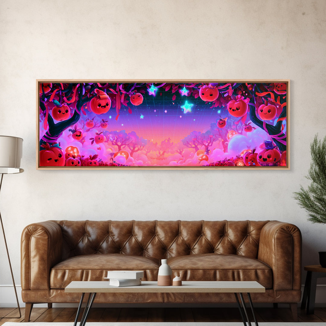 The Enchanted Apple Orchard, Retro Neon Halloween Art, Extra Wide Wall Art, Framed Canvas Print, Retro Halloween Decor, Neon Wall Art
