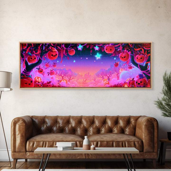The Enchanted Apple Orchard, Retro Neon Halloween Art, Extra Wide Wall Art, Framed Canvas Print, Retro Halloween Decor, Neon Wall Art