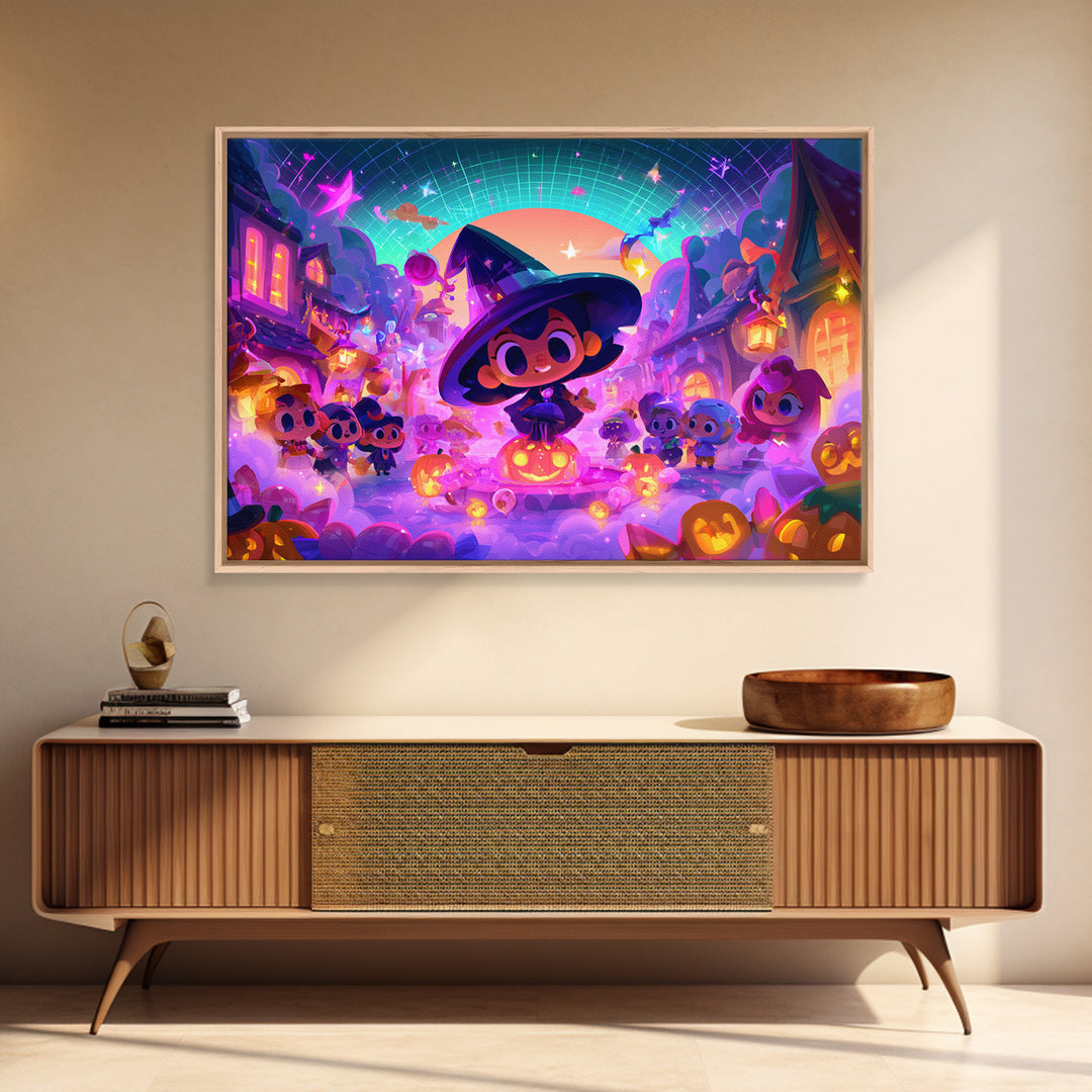 The Trick-Or-Treat Village Square, Synthwave Halloween Art, Landscape Wall Art, Framed Canvas Print, Retro Halloween Decor, Neon Wall Art