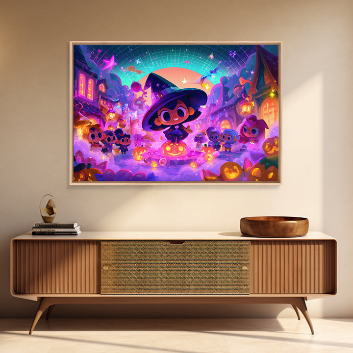 The Trick-Or-Treat Village Square, Synthwave Halloween Art, Landscape Wall Art, Framed Canvas Print, Retro Halloween Decor, Neon Wall Art