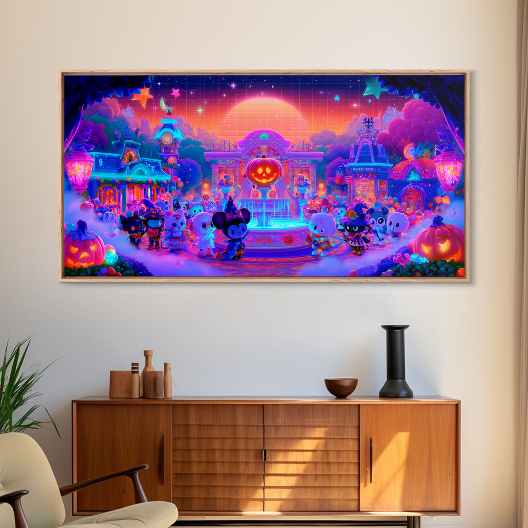 The Trick-Or-Treat Village Square, Synthwave Halloween Art, Wide Panoramic Art, Framed Canvas Print, Retro Halloween Decor, Neon Wall Art