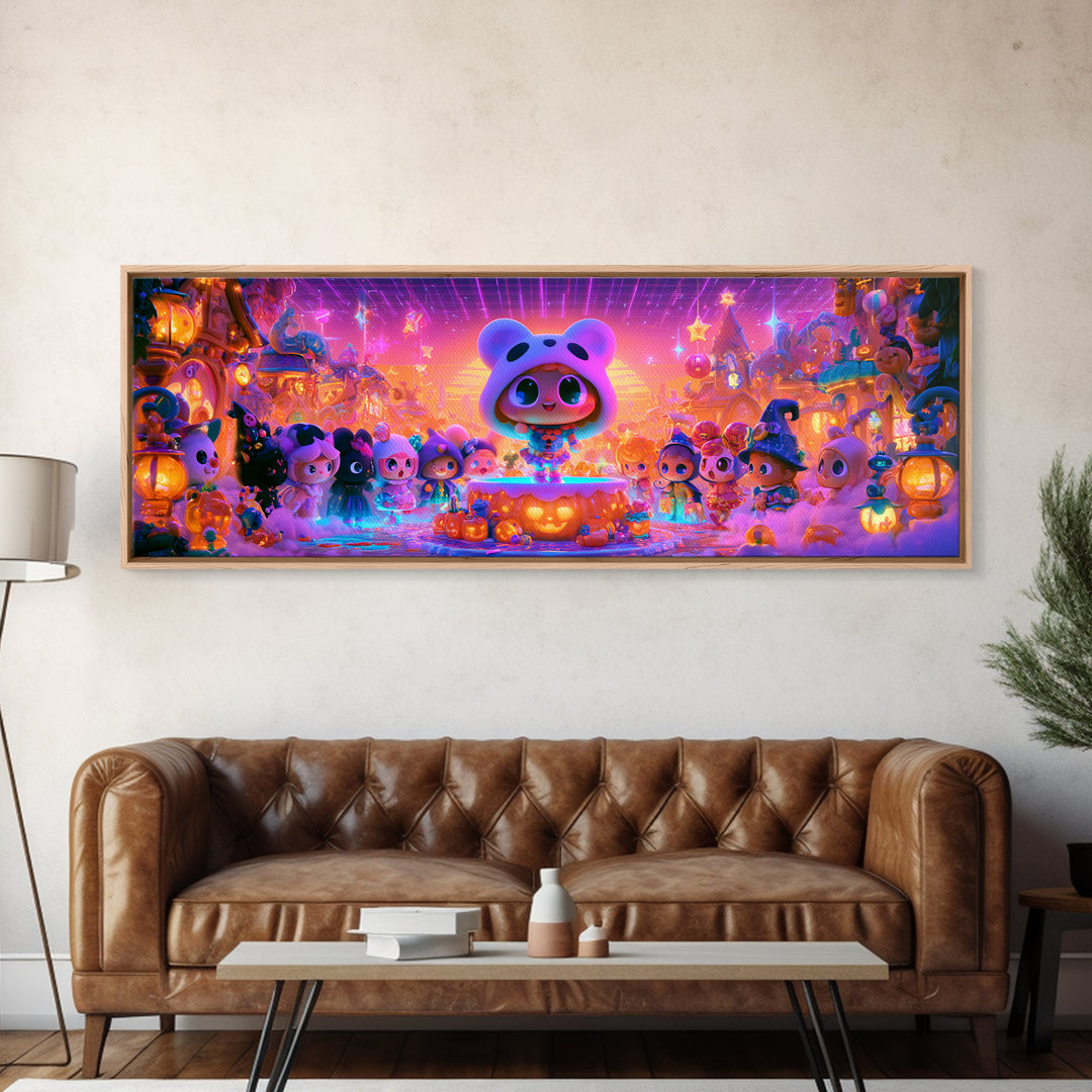 The Trick-Or-Treat Village Square, 80s Halloween Wall Art, Extra Wide Wall Art, Framed Canvas Print, Retro Halloween Decor, Neon Wall Art