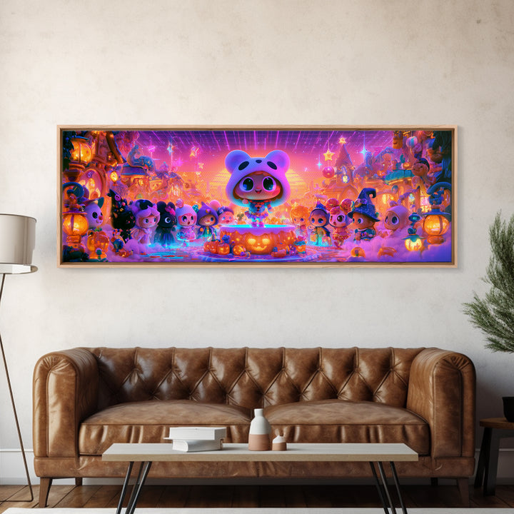 The Trick-Or-Treat Village Square, 80s Halloween Wall Art, Extra Wide Wall Art, Framed Canvas Print, Retro Halloween Decor, Neon Wall Art