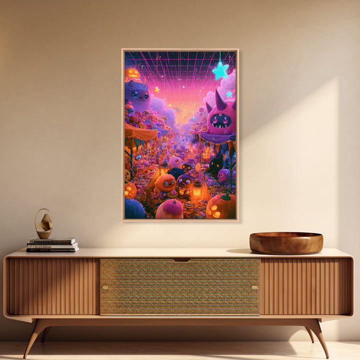 The Friendly Monster Market, Cute Spooky Neon Art, Vertical Wall Art, Framed Canvas Print, Retro Halloween Decor, Neon Wall Art