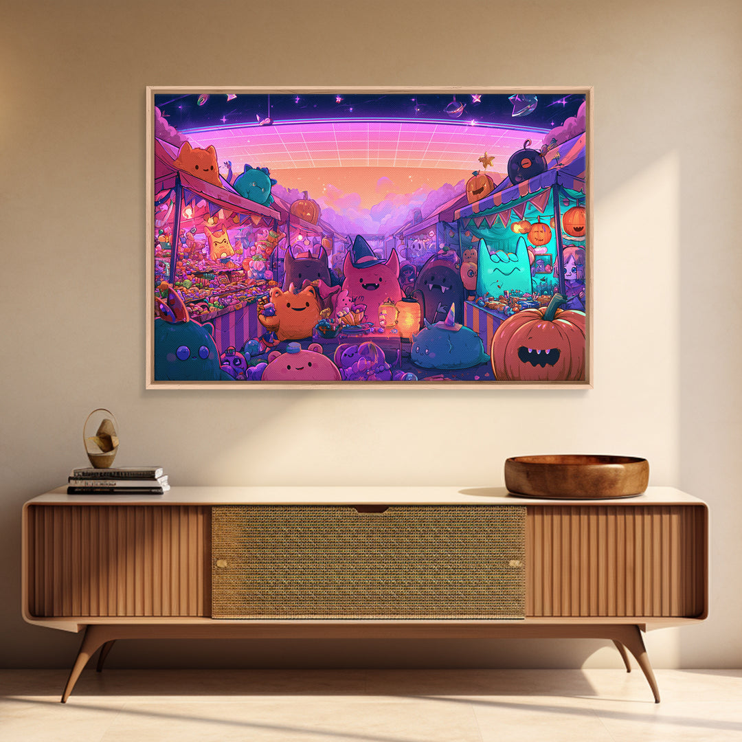 The Friendly Monster Market, Vaporwave Halloween Decor, Landscape Wall Art, Framed Canvas Print, Retro Halloween Decor, Neon Wall Art