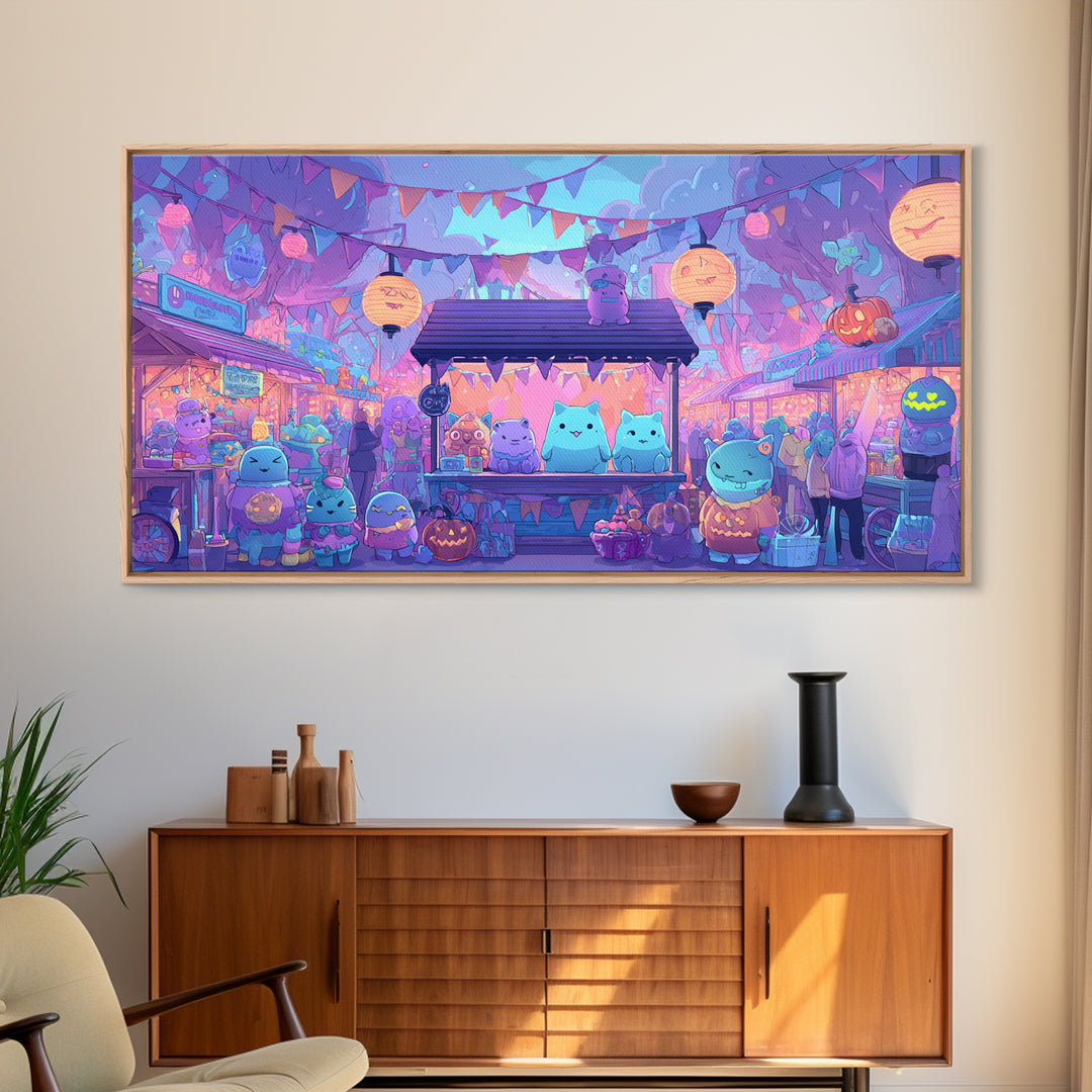 The Friendly Monster Market, 80s Halloween Wall Art, Wide Panoramic Art, Framed Canvas Print, Retro Halloween Decor, Neon Wall Art