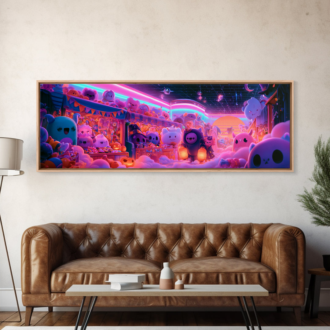 The Friendly Monster Market, 80s Halloween Wall Art, Extra Wide Wall Art, Framed Canvas Print, Retro Halloween Decor, Neon Wall Art