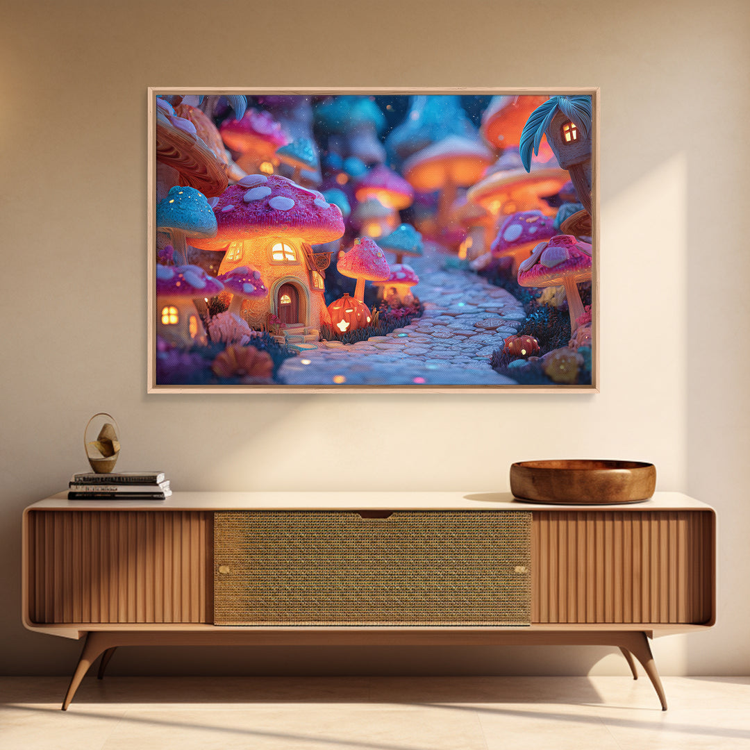 The Lantern-Lit Mushroom Village, Vaporwave Halloween Decor, Landscape Wall Art, Canvas Print, Retro Halloween Decor, Neon Wall Art