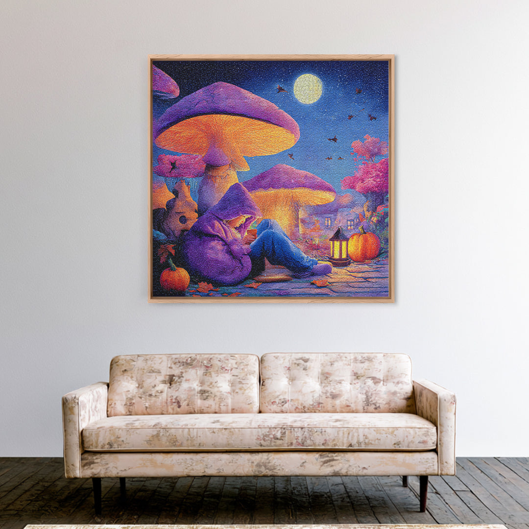 The Lantern-Lit Mushroom Village, Retro Neon Halloween Art, Square Wall Art, Framed Canvas Print, Retro Halloween Decor, Neon Wall Art