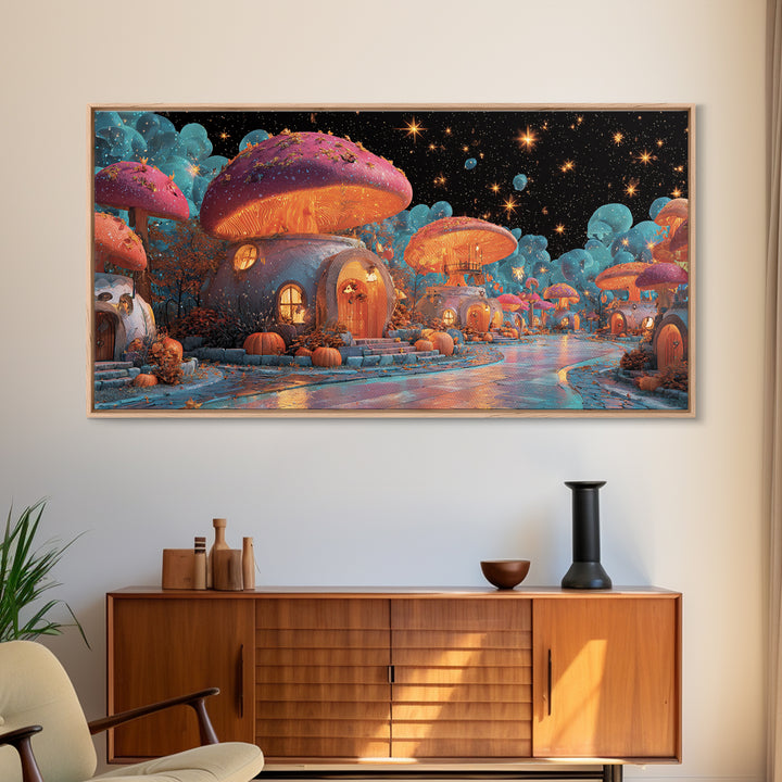 The Lantern-Lit Mushroom Village, Retro Neon Halloween Art, Wide Panoramic Art, Canvas Print, Retro Halloween Decor, Neon Wall Art