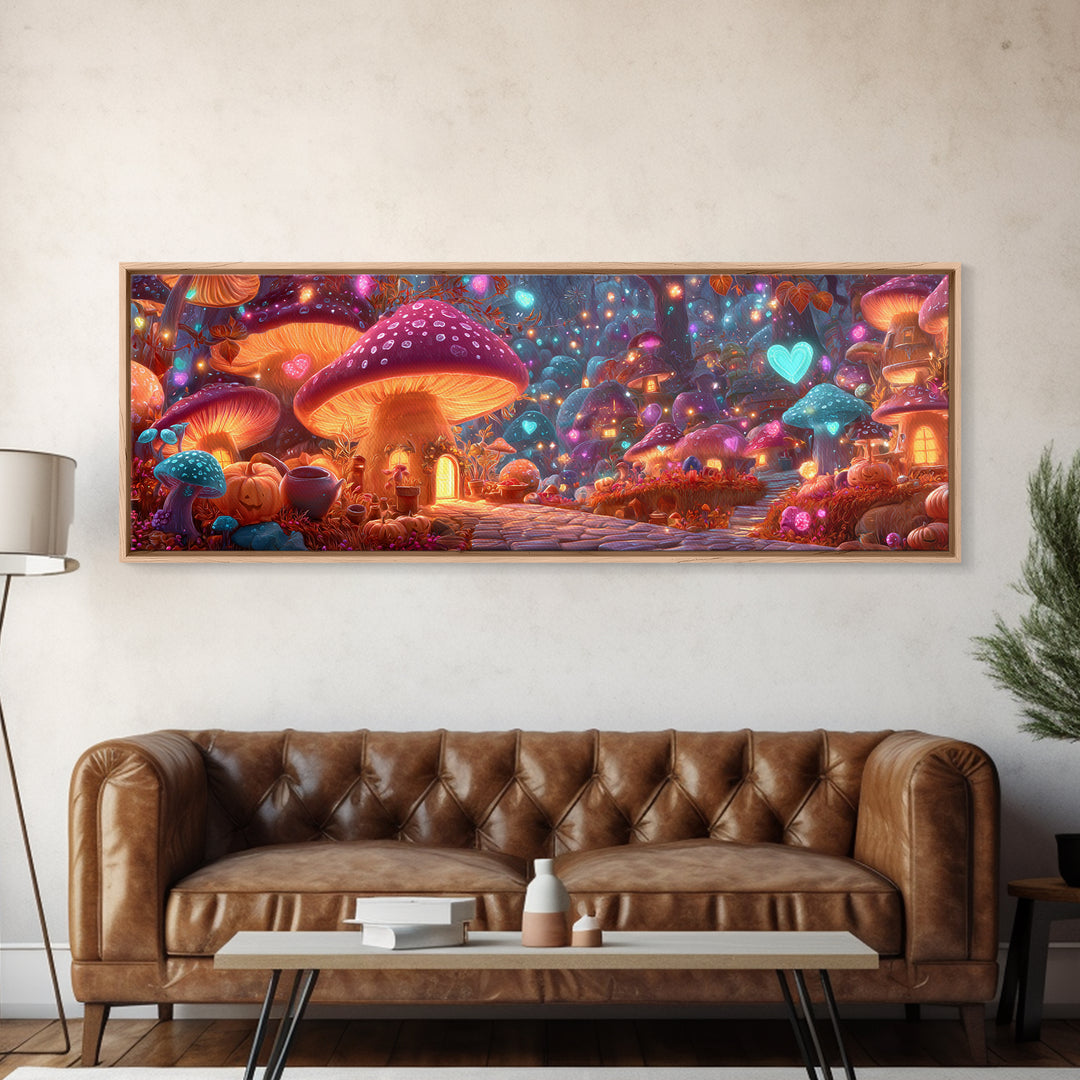 The Lantern-Lit Mushroom Village, 80s Halloween Wall Art, Extra Wide Wall Art, Framed Canvas Print, Retro Halloween Decor, Neon Wall Art