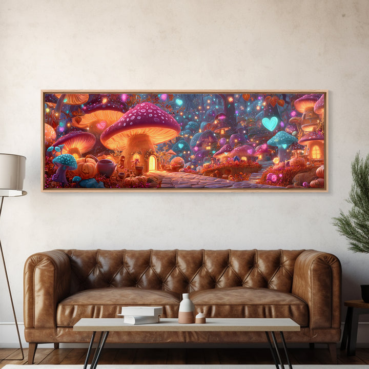 The Lantern-Lit Mushroom Village, 80s Halloween Wall Art, Extra Wide Wall Art, Framed Canvas Print, Retro Halloween Decor, Neon Wall Art