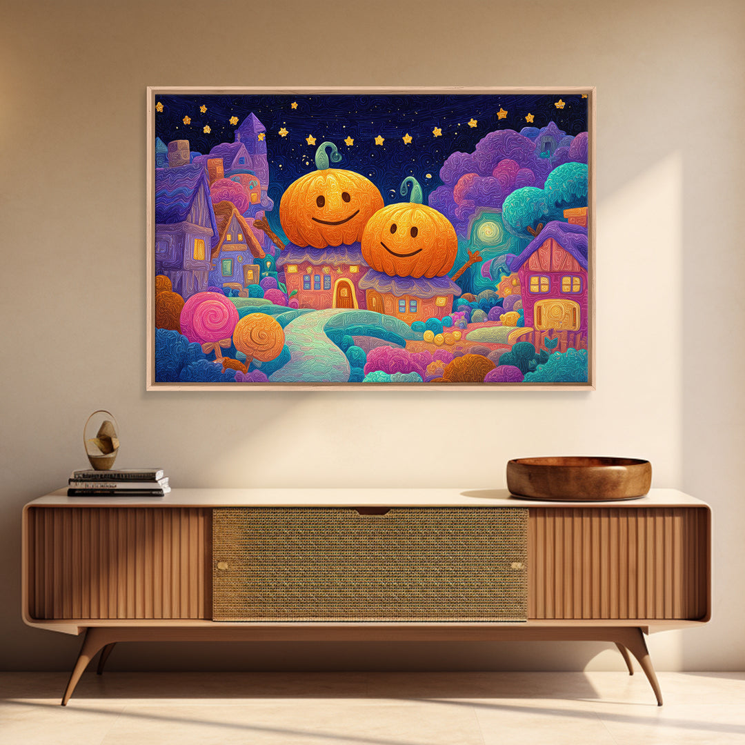 The Starry Pumpkin Farm, Retro Neon Halloween Art, Landscape Wall Art, Canvas Print, Retro Halloween Decor, Neon Wall Art