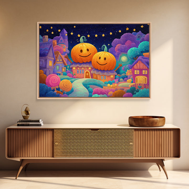 The Starry Pumpkin Farm, Retro Neon Halloween Art, Landscape Wall Art, Canvas Print, Retro Halloween Decor, Neon Wall Art