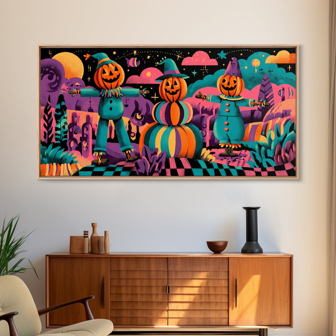 The Starry Pumpkin Farm, 80s Halloween Wall Art, Wide Panoramic Art, Canvas Print, Retro Halloween Decor, Neon Wall Art, Horror Wall Art