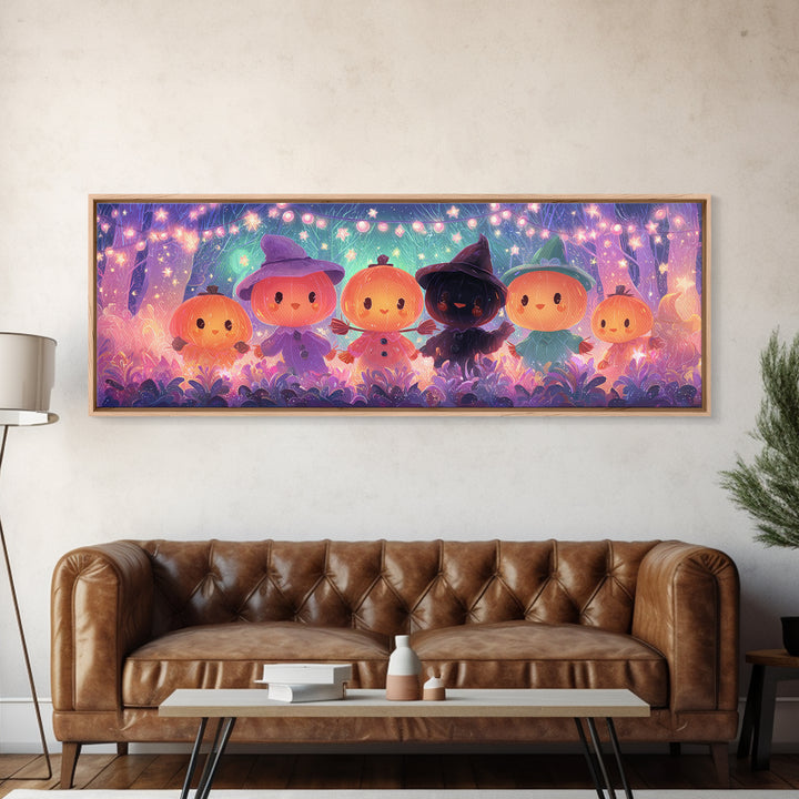 The Starry Pumpkin Farm, Vaporwave Halloween Decor, Extra Wide Wall Art, Framed Canvas Print, Retro Halloween Decor, Neon Wall Art