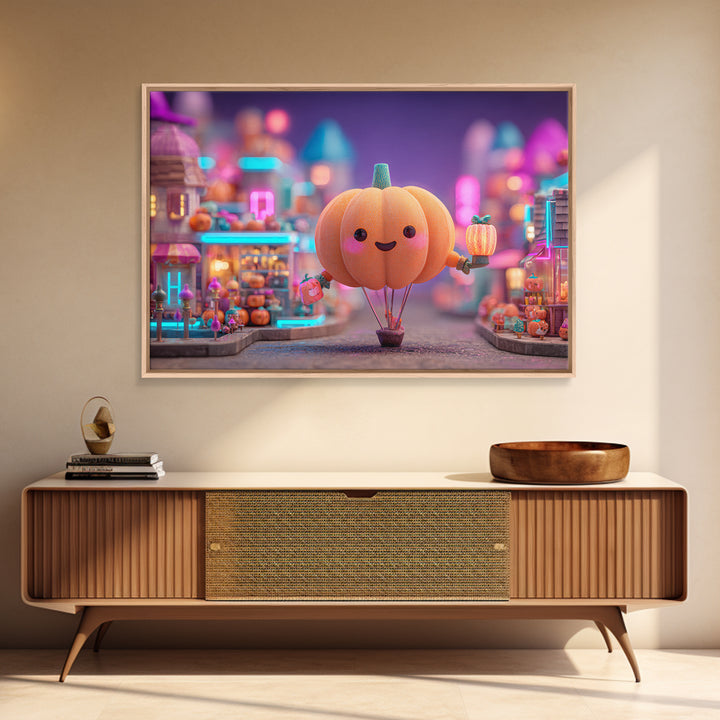 The Pumpkin Balloon Parade, Cute Spooky Neon Art, Landscape Wall Art, Framed Canvas Print, Retro Halloween Decor, Neon Wall Art