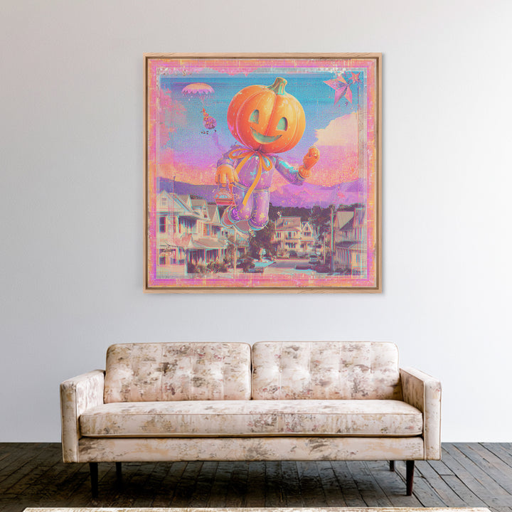 The Pumpkin Balloon Parade, Cute Spooky Neon Art, Square Wall Art, Canvas Print, Retro Halloween Decor, Neon Wall Art, Statement Wall Art