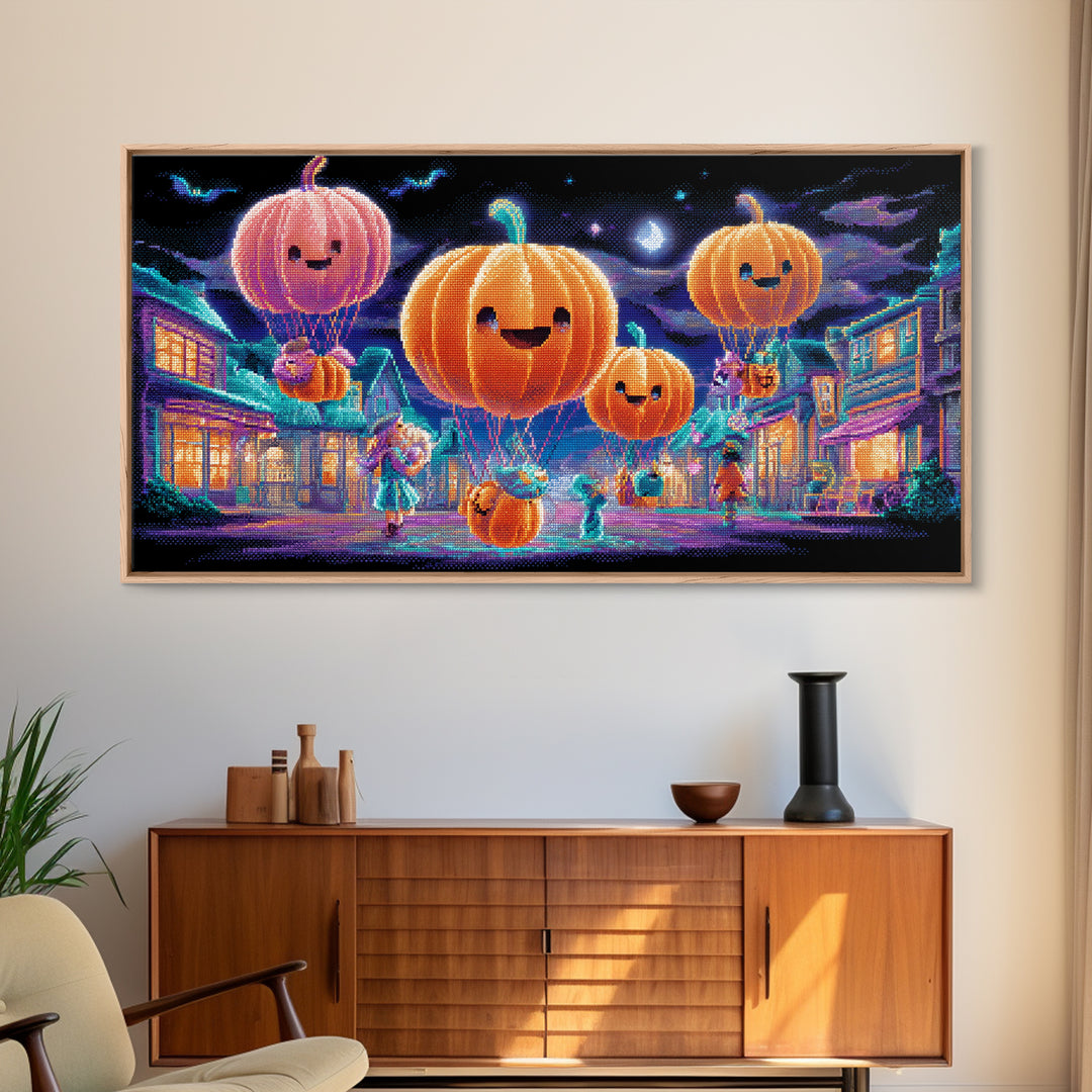 The Pumpkin Balloon Parade, 80s Halloween Wall Art, Wide Panoramic Art, Canvas Print, Retro Halloween Decor, Neon Wall Art