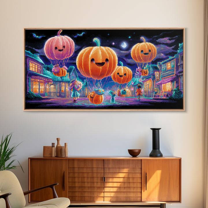 The Pumpkin Balloon Parade, 80s Halloween Wall Art, Wide Panoramic Art, Canvas Print, Retro Halloween Decor, Neon Wall Art