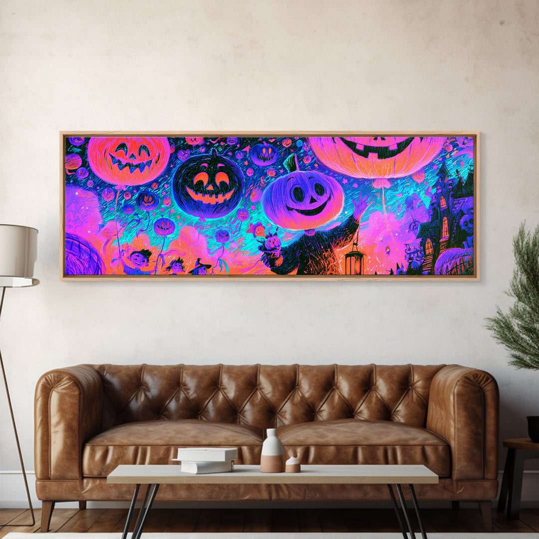 The Pumpkin Balloon Parade, Retro Neon Halloween Art, Extra Wide Wall Art, Framed Canvas Print, Retro Halloween Decor, Neon Wall Art