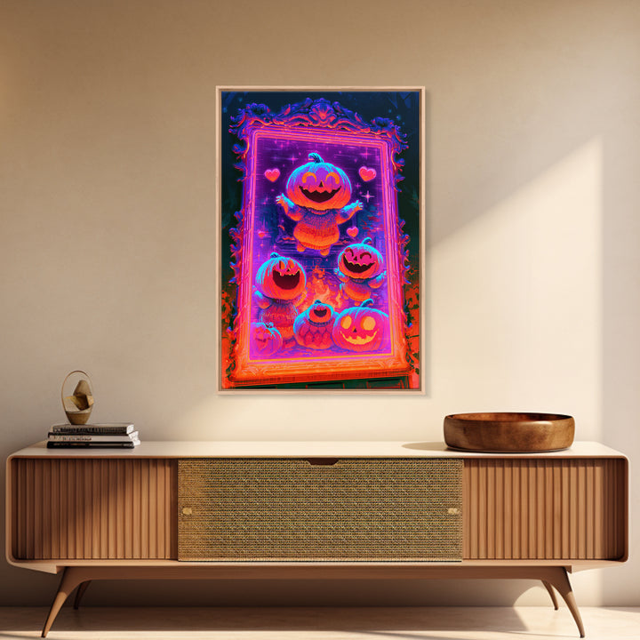 The Pumpkin Family Portrait, Synthwave Halloween Art, Vertical Wall Art, Framed Canvas Print, Retro Halloween Decor, Neon Wall Art