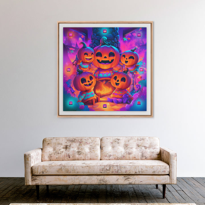 The Pumpkin Family Portrait, 80s Halloween Wall Art, Square Wall Art, Framed Canvas Print, Retro Halloween Decor, Neon Wall Art