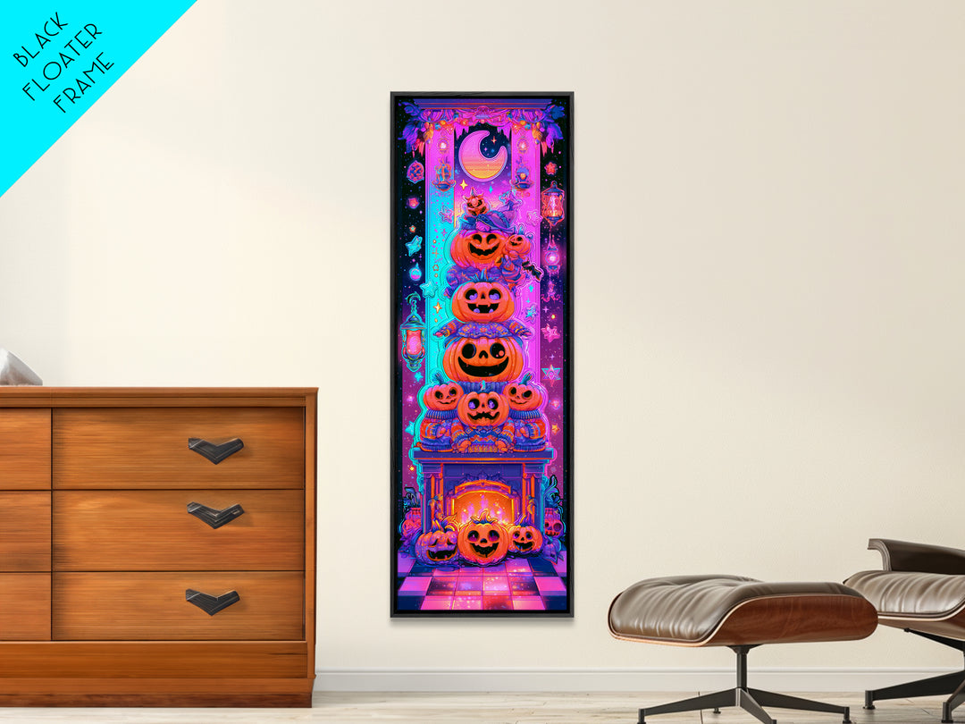 The Pumpkin Family Portrait, Retro Neon Halloween Art, Tall Narrow Wall Art, Canvas Print, Retro Halloween Decor, Neon Wall Art