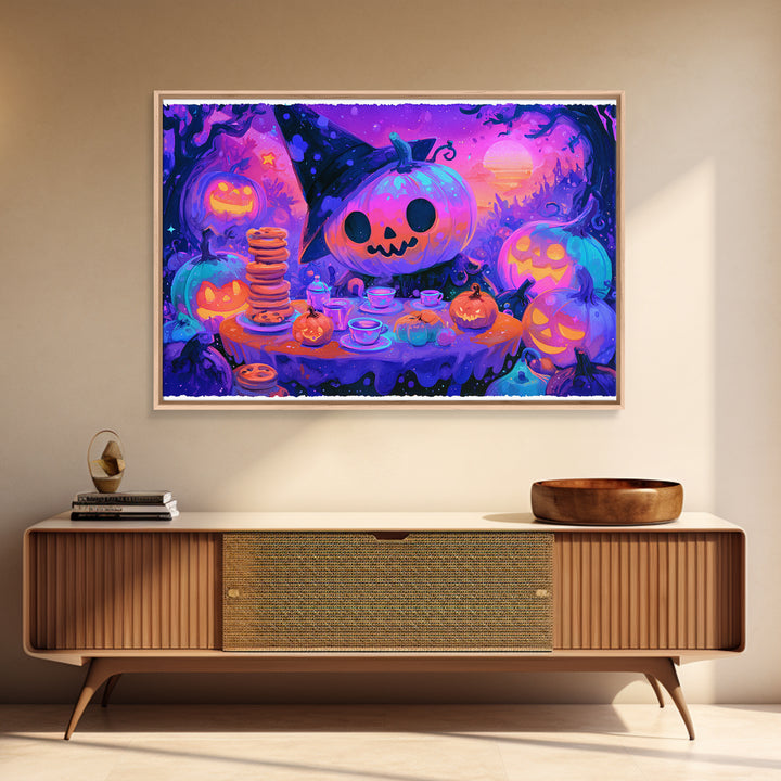 The Pumpkin Tea Party, Retro Neon Halloween Art, Landscape Wall Art, Framed Canvas Print, Retro Halloween Decor, Neon Wall Art