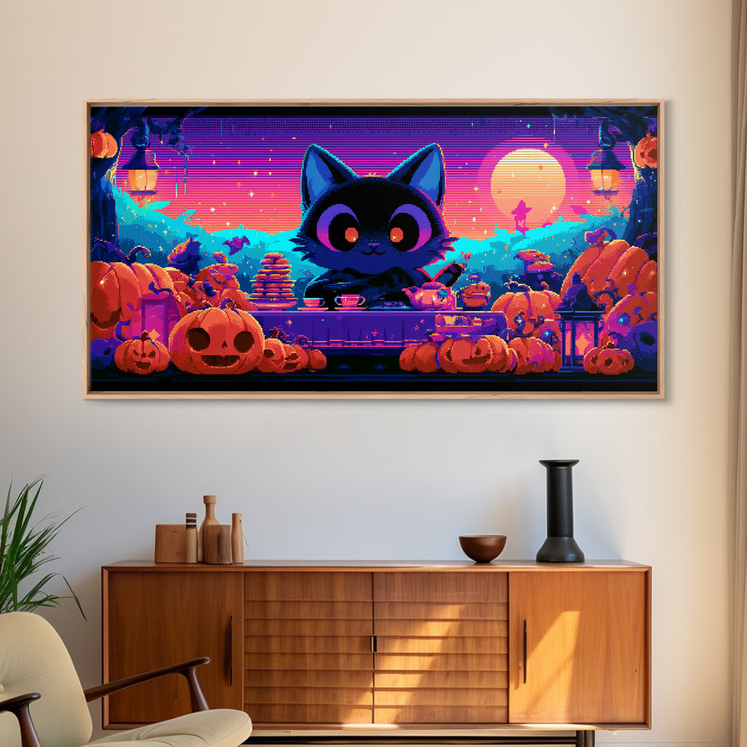 The Pumpkin Tea Party, 80s Halloween Wall Art, Wide Panoramic Art, Canvas Print, Retro Halloween Decor, Neon Wall Art