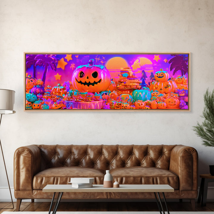 The Pumpkin Tea Party, Cute Spooky Neon Art, Extra Wide Wall Art, Framed Canvas Print, Retro Halloween Decor, Neon Wall Art