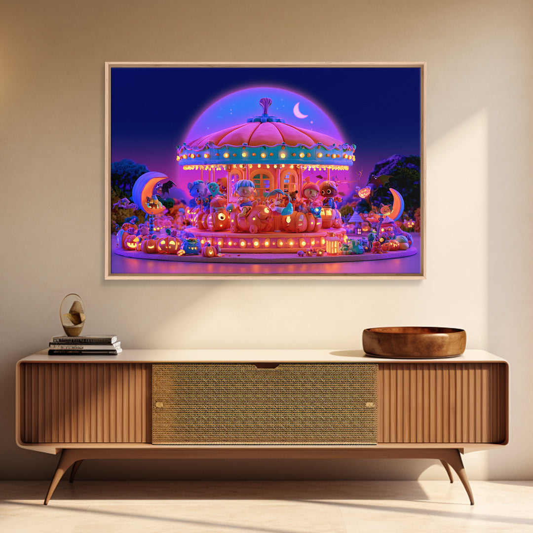 The Pumpkin Carousel, Retro Neon Halloween Art, Landscape Wall Art, Framed Canvas Print, Retro Halloween Decor, Neon Wall Art