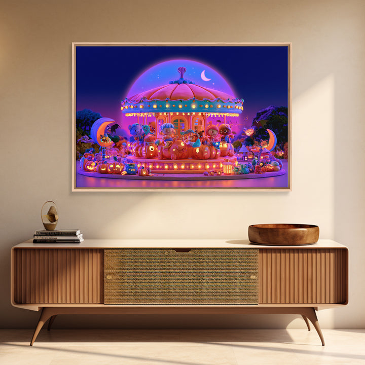 The Pumpkin Carousel, Retro Neon Halloween Art, Landscape Wall Art, Framed Canvas Print, Retro Halloween Decor, Neon Wall Art