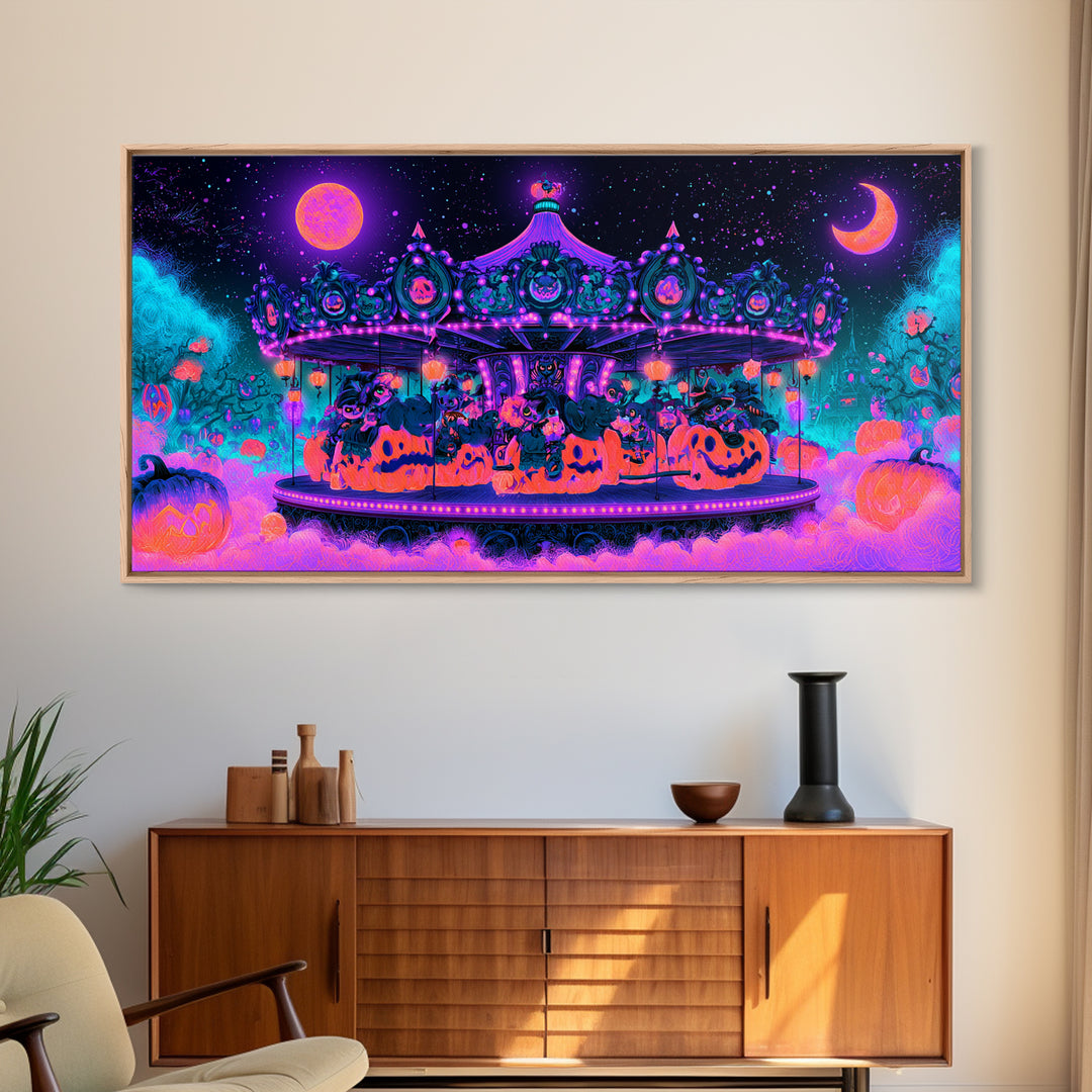 The Pumpkin Carousel, Synthwave Halloween Art, Wide Panoramic Art, Canvas Print, Retro Halloween Decor, Neon Wall Art, Statement Wall Art