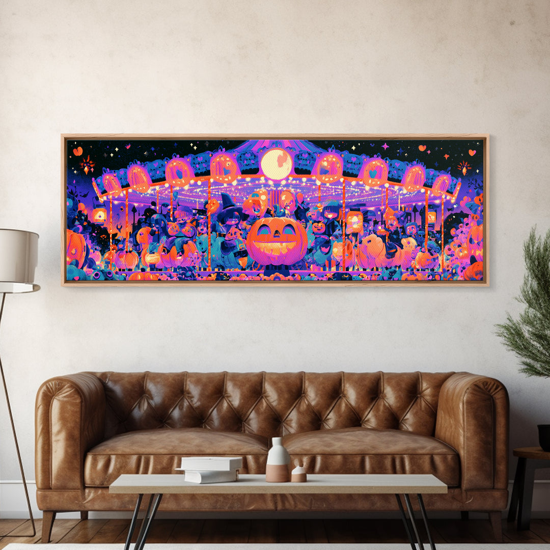The Pumpkin Carousel, Synthwave Halloween Art, Extra Wide Wall Art, Framed Canvas Print, Retro Halloween Decor, Neon Wall Art