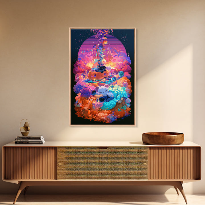The Pumpkin Sailboat, Vaporwave Halloween Decor, Vertical Wall Art, Framed Canvas Print, Retro Halloween Decor, Neon Wall Art