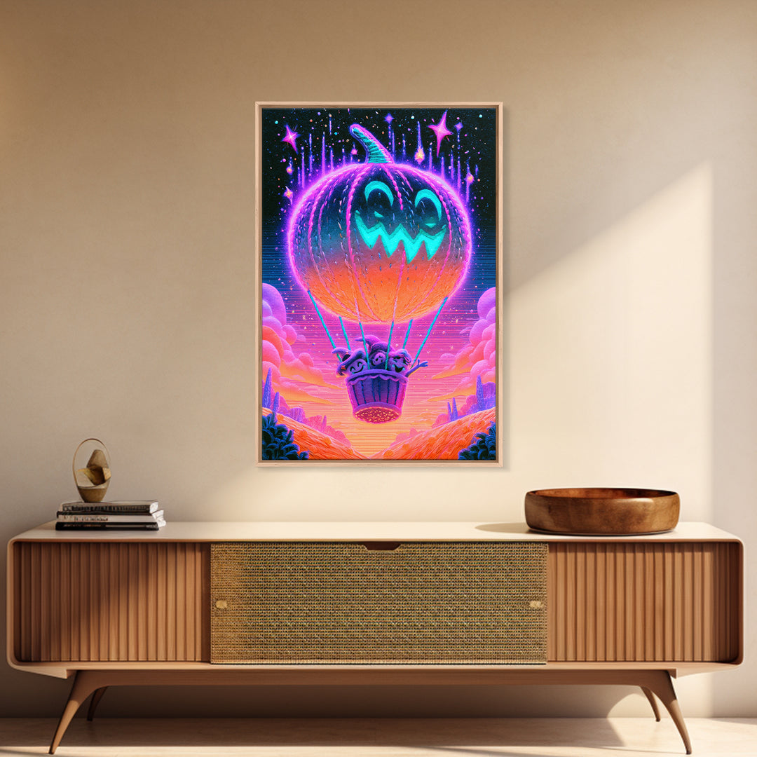 The Pumpkin Hot-Air Balloon, Cute Spooky Neon Art, Vertical Wall Art, Framed Canvas Print, Retro Halloween Decor, Neon Wall Art