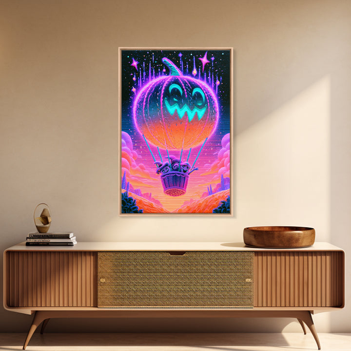 The Pumpkin Hot-Air Balloon, Cute Spooky Neon Art, Vertical Wall Art, Framed Canvas Print, Retro Halloween Decor, Neon Wall Art