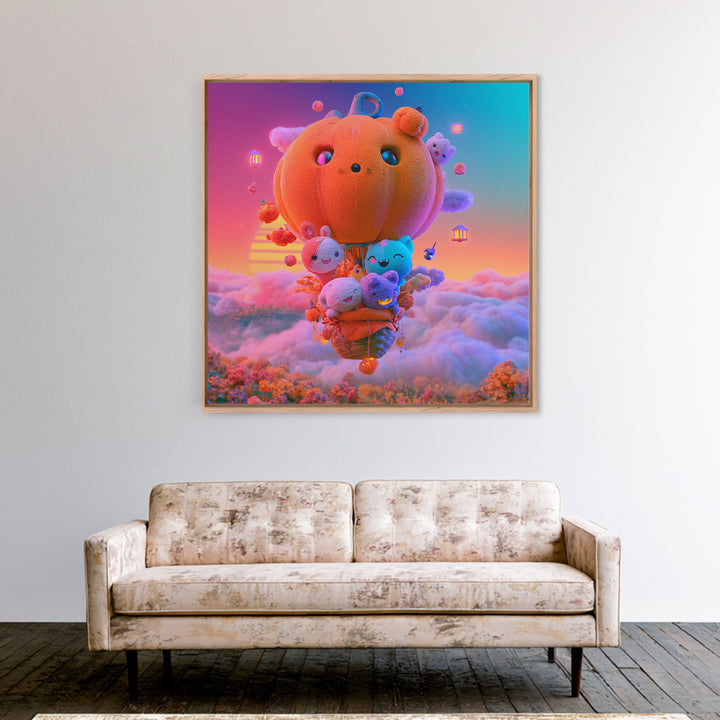 The Pumpkin Hot-Air Balloon, Cute Spooky Neon Art, Square Wall Art, Canvas Print, Retro Halloween Decor, Neon Wall Art, Dark Fantasy Art