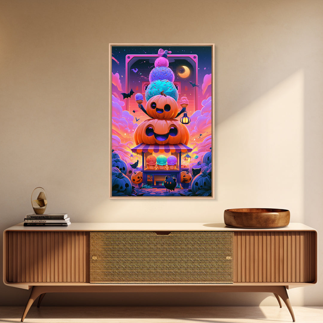 The Pumpkin Ice-Cream Stand, Synthwave Halloween Art, Vertical Wall Art, Canvas Print, Retro Halloween Decor, Neon Wall Art