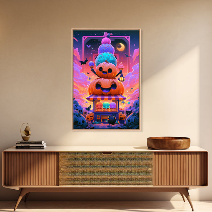 The Pumpkin Ice-Cream Stand, Synthwave Halloween Art, Vertical Wall Art, Canvas Print, Retro Halloween Decor, Neon Wall Art
