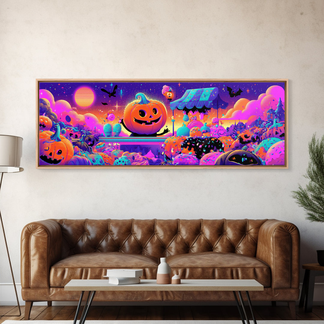 The Pumpkin Ice-Cream Stand, Retro Neon Halloween Art, Extra Wide Wall Art, Canvas Print, Retro Halloween Decor, Neon Wall Art