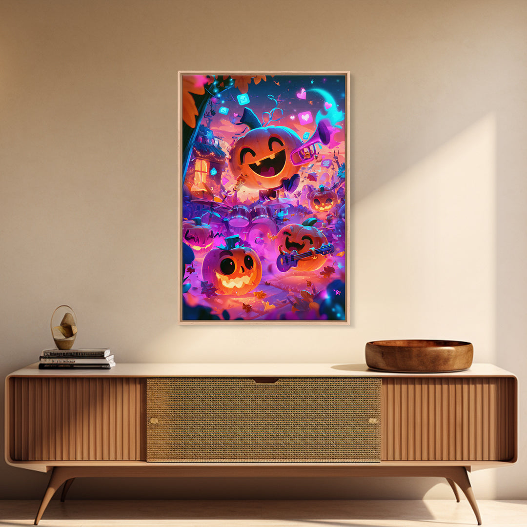 The Pumpkin Music Band, Cute Spooky Neon Art, Vertical Wall Art, Canvas Print, Retro Halloween Decor, Neon Wall Art, Halloween Wall Art