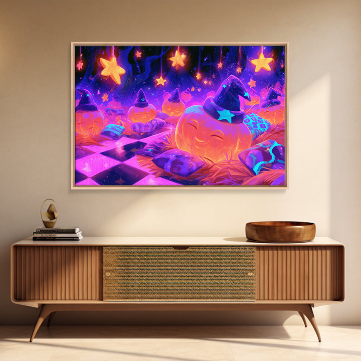 The Pumpkin Pajama Party, 80s Halloween Wall Art, Landscape Wall Art, Framed Canvas Print, Retro Halloween Decor, Neon Wall Art