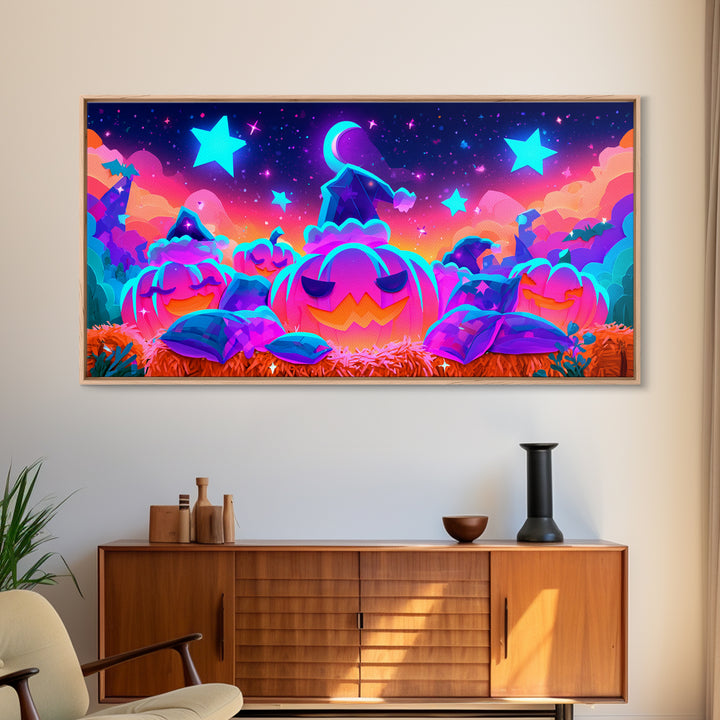 The Pumpkin Pajama Party, Synthwave Halloween Art, Wide Panoramic Art, Framed Canvas Print, Retro Halloween Decor, Neon Wall Art
