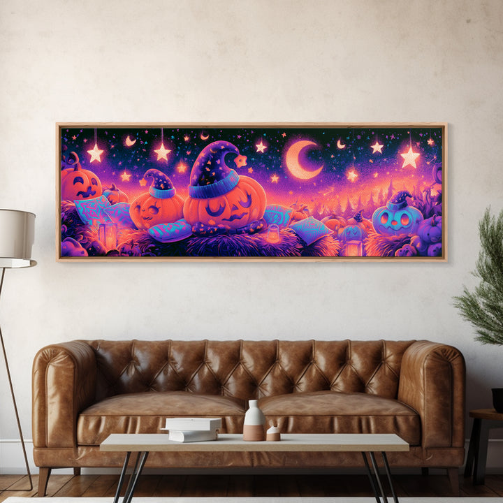 The Pumpkin Pajama Party, Synthwave Halloween Art, Extra Wide Wall Art, Framed Canvas Print, Retro Halloween Decor, Neon Wall Art